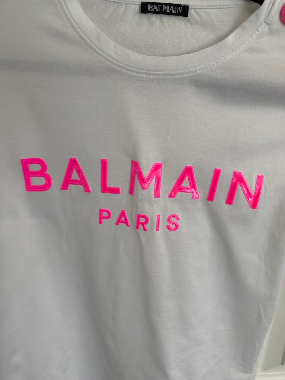 Balmain White Tee with Neon Pink Logo and Shoulder Buttons - Picture 3 of 5